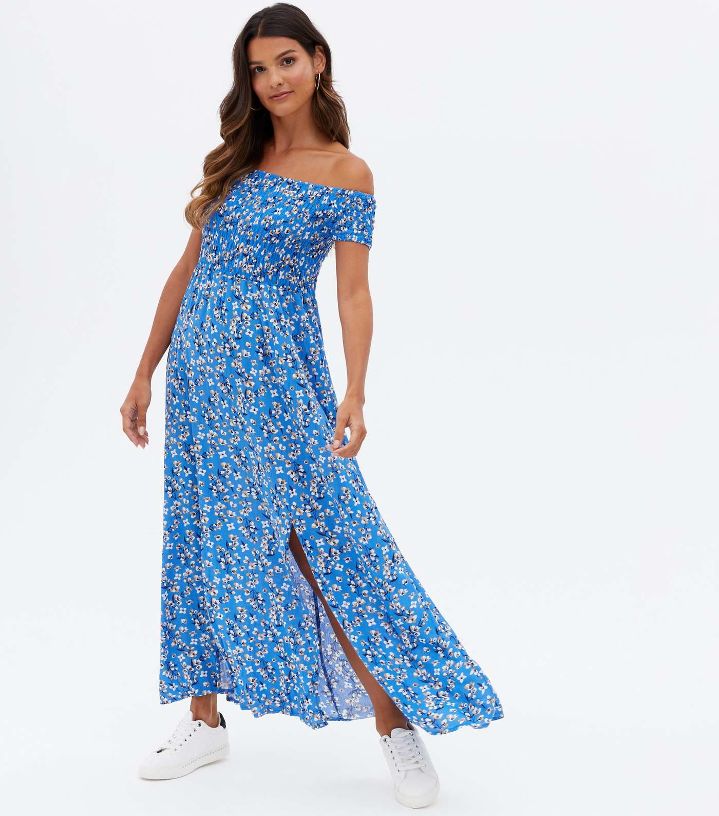 Mela Bright Blue Ditsy Floral Bardot Maxi Dress