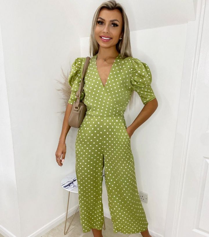 Ax Paris Light Green Spot Wrap Crop Jumpsuit New Look