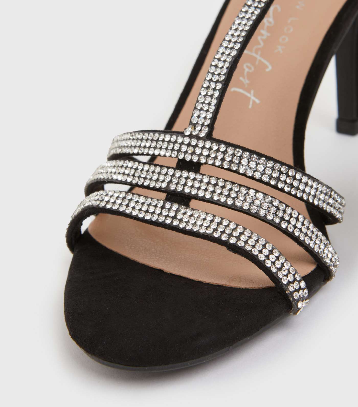 Black Diamanté Strappy T Bar Stiletto Heel Sandals Image 4