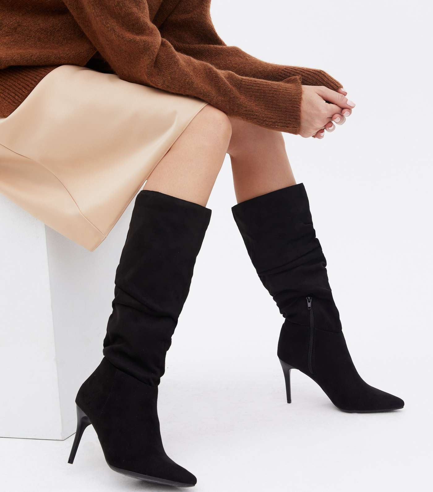Black Stiletto Heel Slouch Knee High Boots Image 2