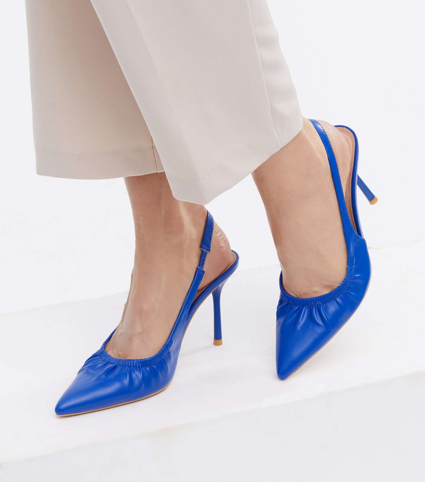 Bright Blue Ruched Slingback Stiletto Heel Court Shoes Image 2