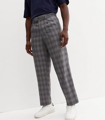 Men's Dark Grey Check Pleated Relaxed Fit Trousers New Look