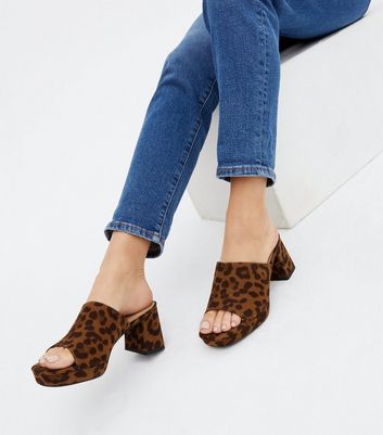 Leopard block heel mules sale