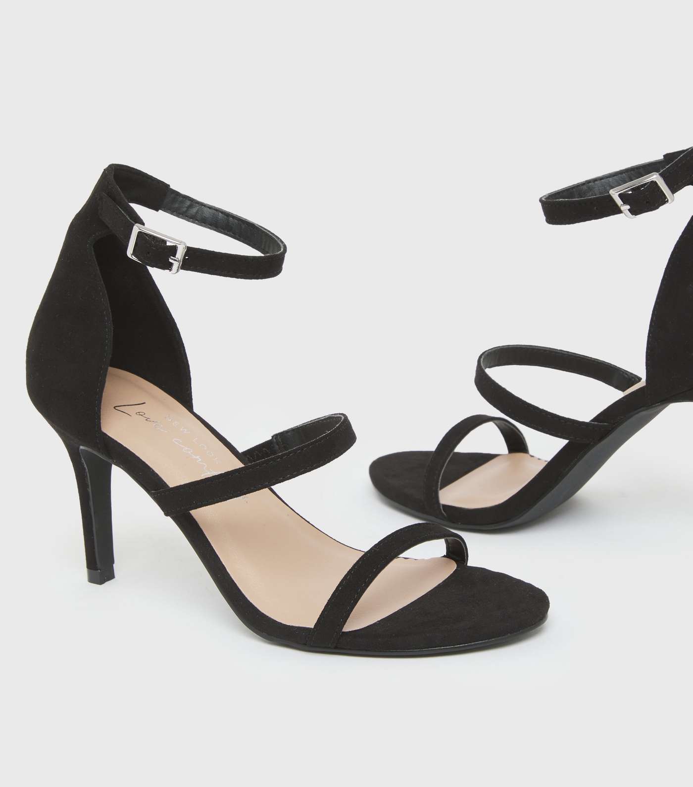 Black Suedette Triple Strap Stiletto Heel Sandals Image 3