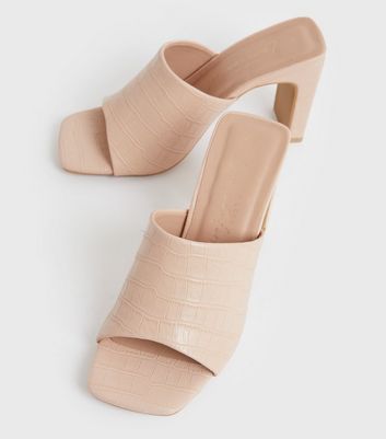 Click to view product details and reviews for Cream Faux Croc Slim Block Heel Mules New Look Vegan.