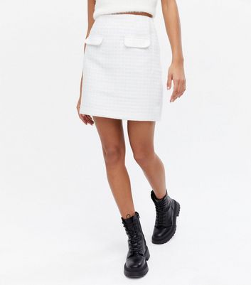 White Check Bouclé High Waist Mini Skirt New Look