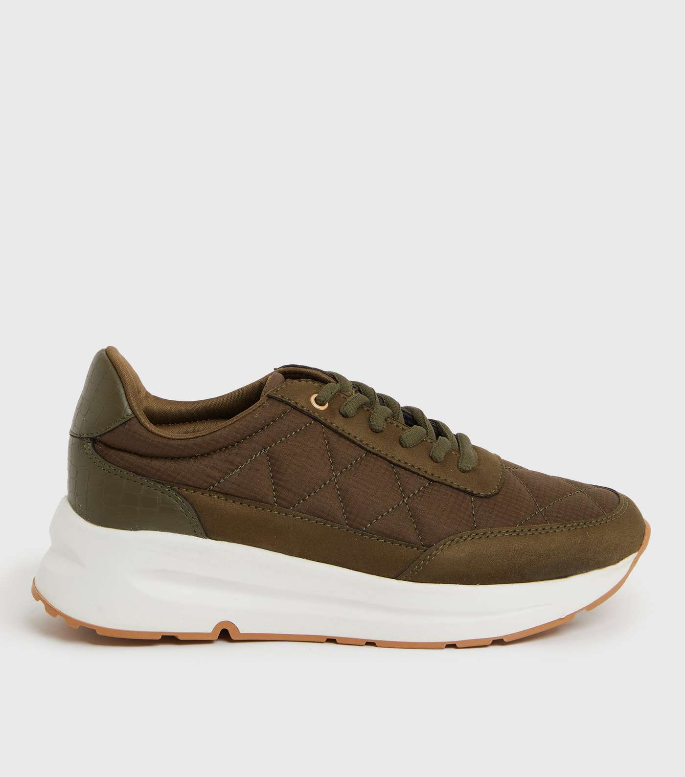 Khaki Quilted Faux Croc Trim Chunky Trainers