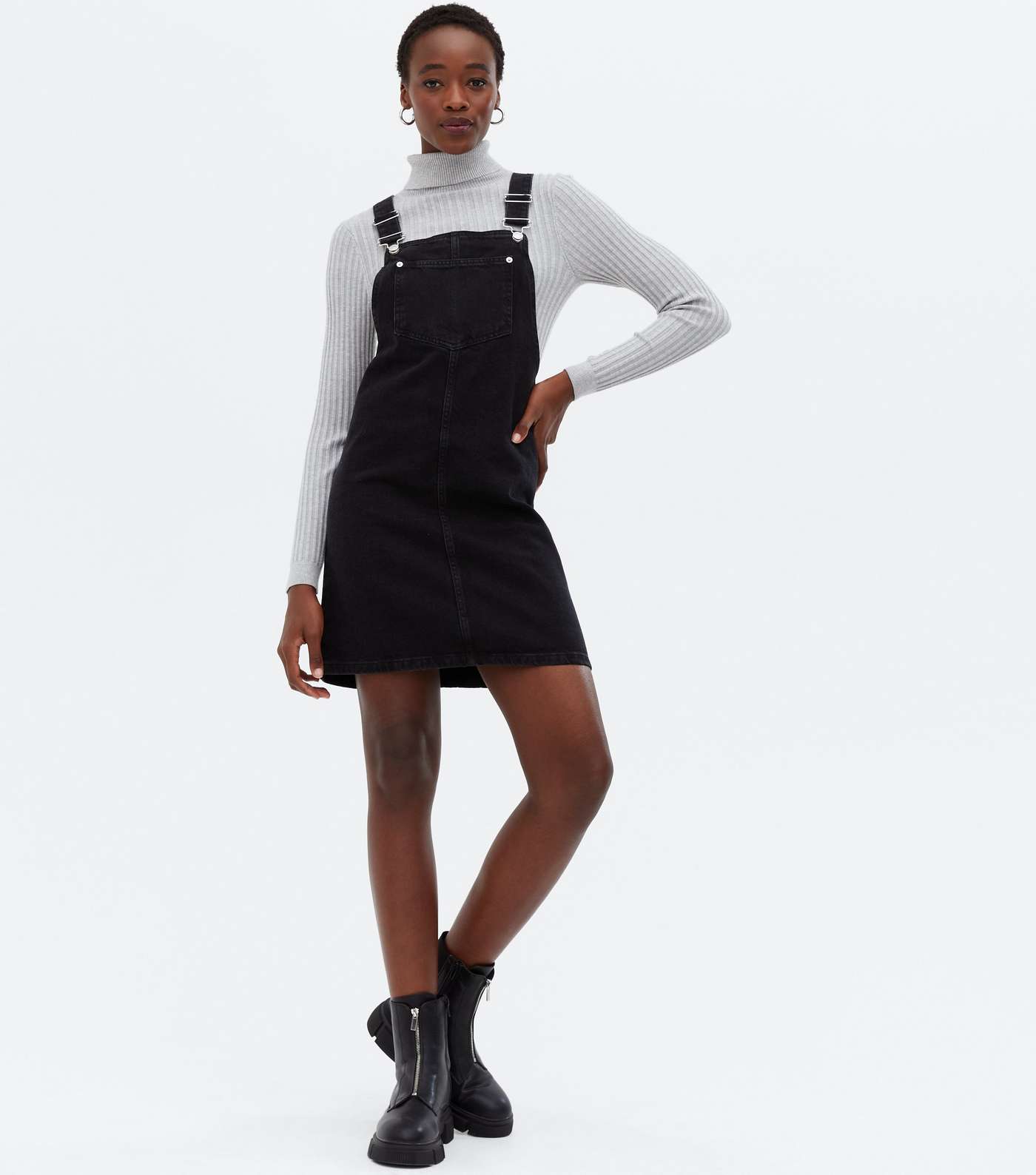 Tall Black Denim Mini Pinafore Dress Image 2