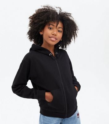 Girls Black Jersey Pocket Front Zip Hoodie New Look