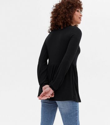 Black Peplum Long Sleeve Top | New Look