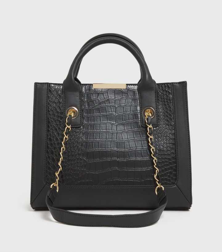 Black Faux Croc Mini Tote Bag