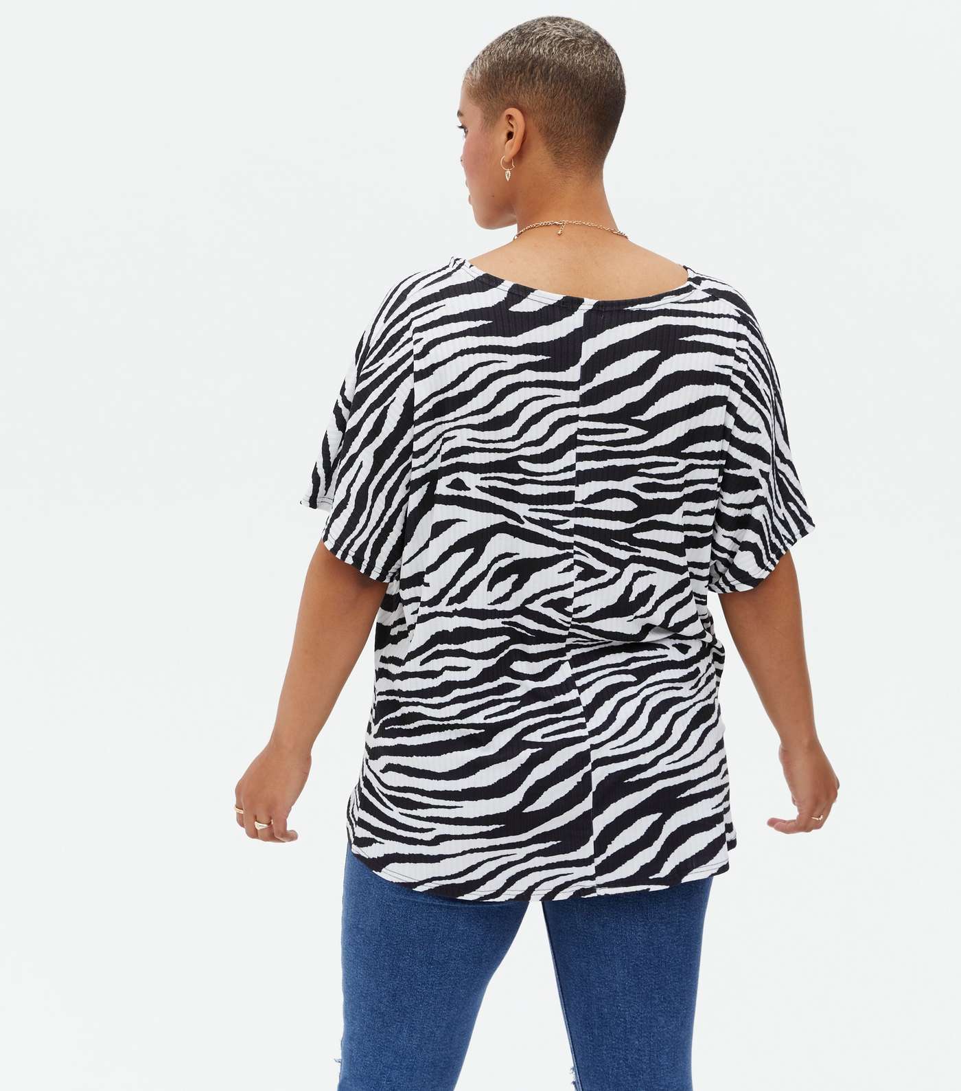 Curves White Zebra Print Ribbed Twist Front T-Shirt Image 4