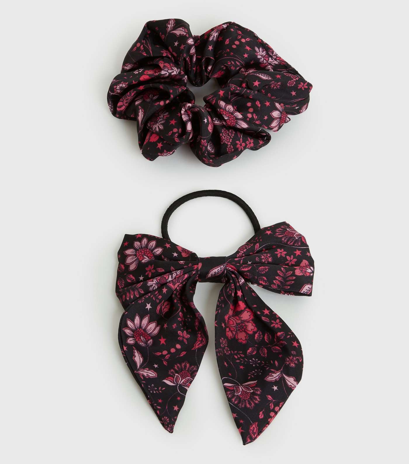 2 Pack Black Floral Scrunchie and Bow Hair Band Set
