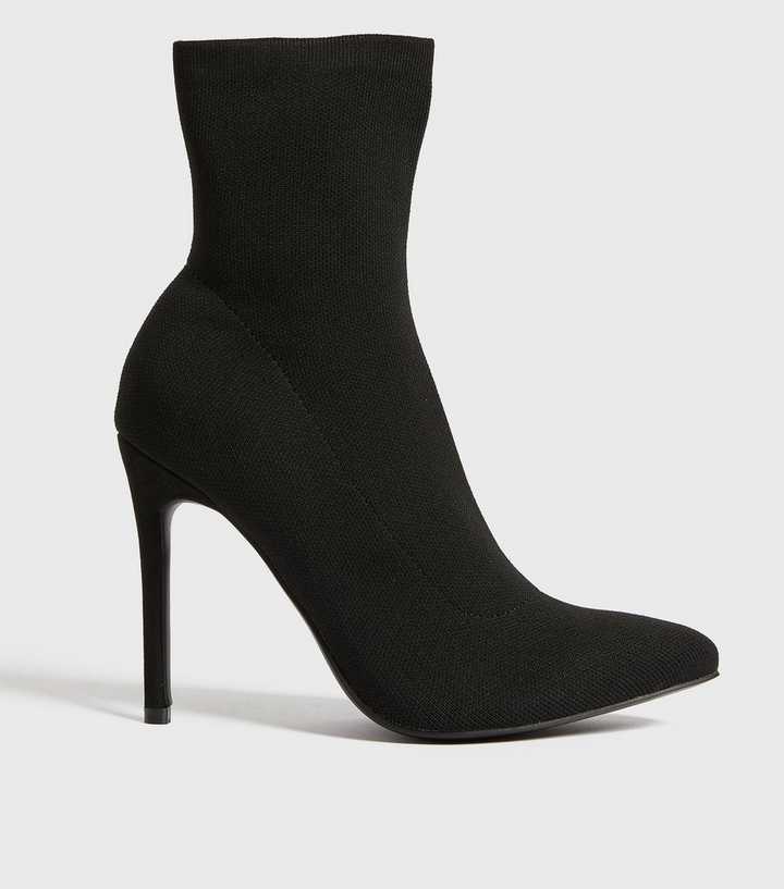 Black Knit Stiletto Heel Ankle Boots