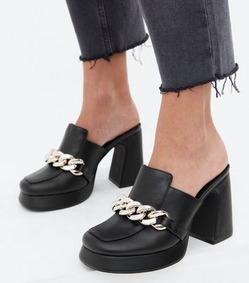 Black Chain Trim Platform Block Heel Mules New Look Vegan