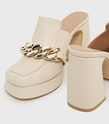 Click to view product details and reviews for Off White Chain Trim Platform Block Heel Mules New Look Vegan.