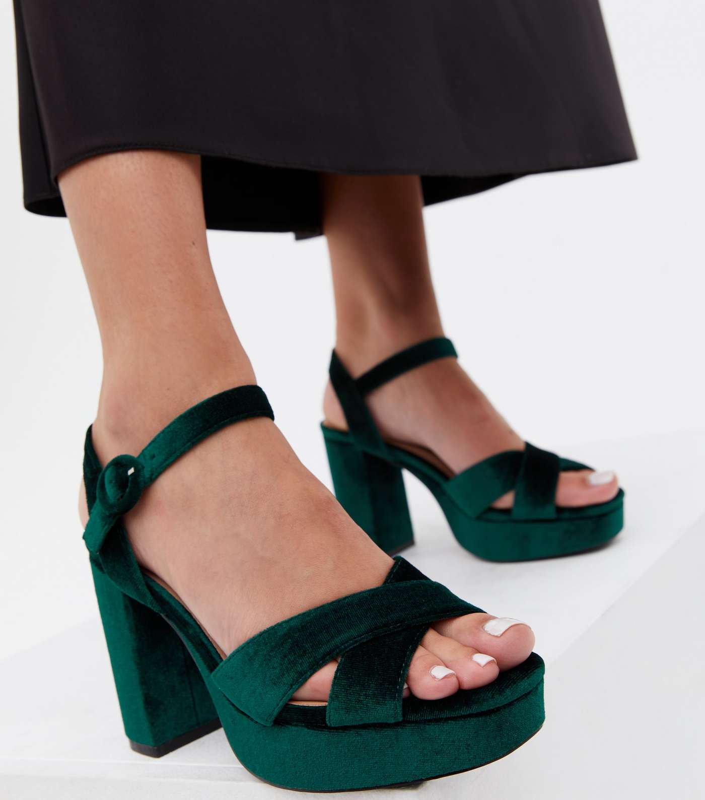 Dark Green Velvet Platform Block Heel Sandals Image 2