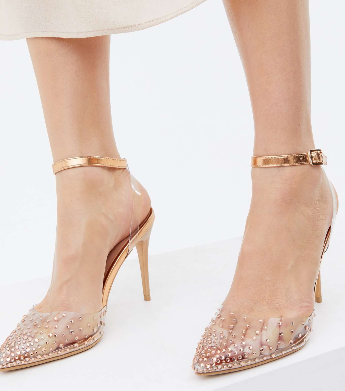 Rose Gold Metallic Diamanté Stiletto Heel Court Shoes Image 2