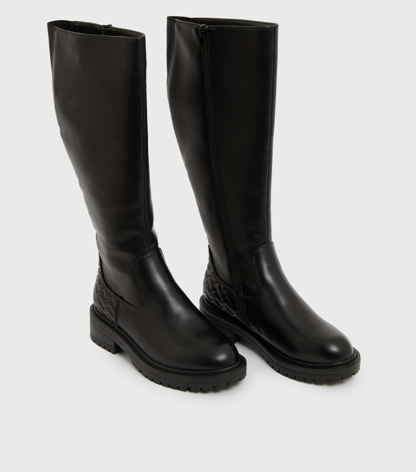 Wide Fit Black Quilted Knee High Chunky Boots Image 3