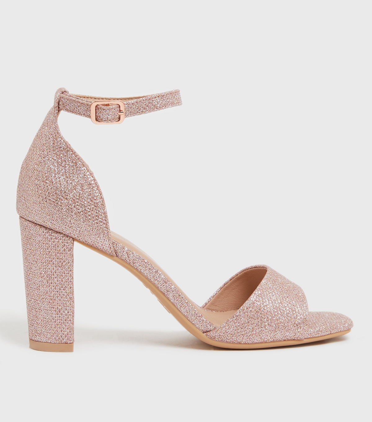 Women's Rose Gold Glitter 2 Part Square Open Toe Block Heel Sandals Vegan New Look