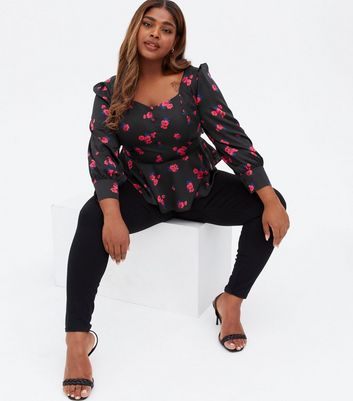 Curves Black Floral Satin Long Sleeve 