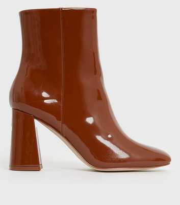 Rust Patent Square Toe Flared Block Heel Ankle Boots