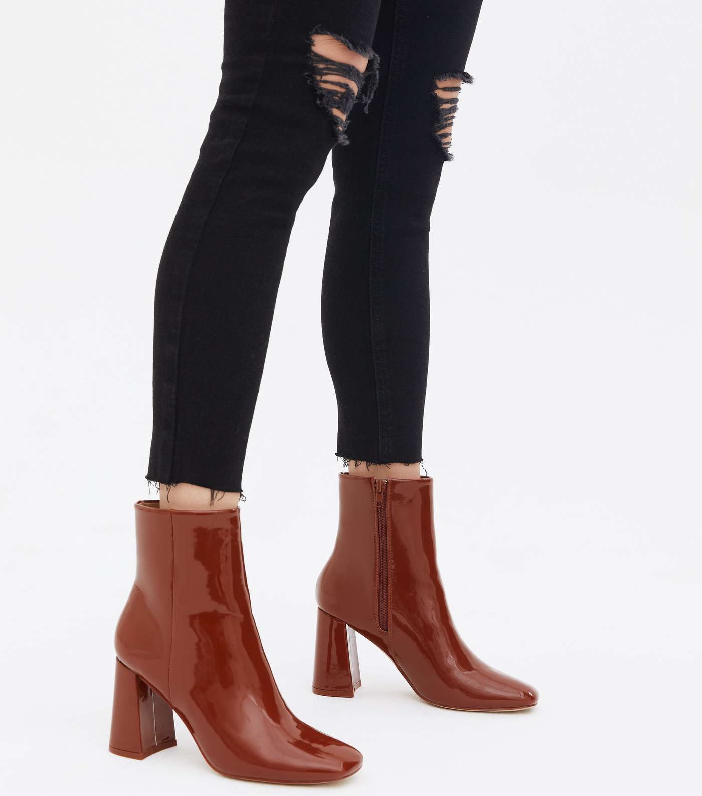 Rust Patent Square Toe Flared Block Heel Ankle Boots Image 2