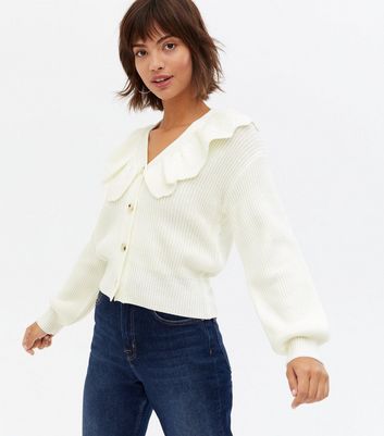 Off White Frill Collar Button Up Cardigan | New Look