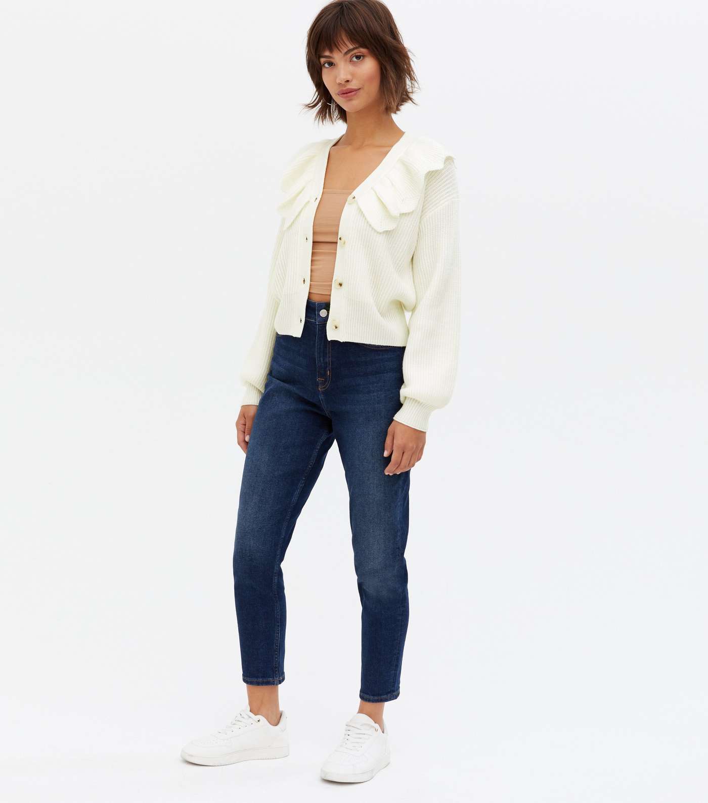 Off White Frill Collar Button Up Cardigan Image 2