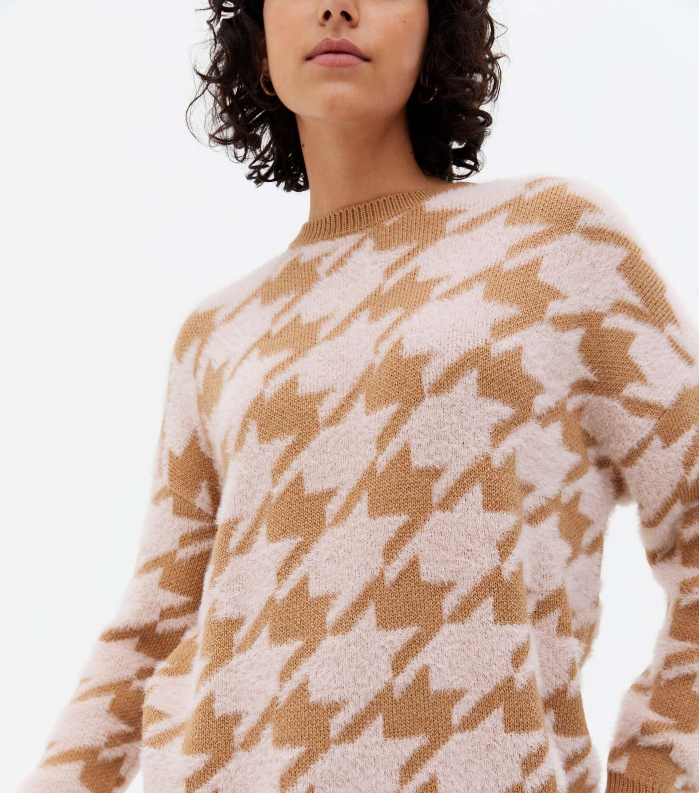 Pink Dogtooth Crew Neck Long Jumper Image 3