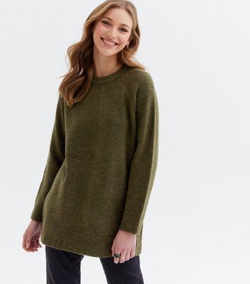 Khaki Long Crew Neck Jumper New Look