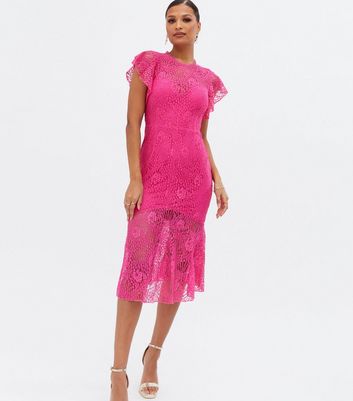 Click to view product details and reviews for Little Mistress Bright Pink Lace High Neck Frill Midi Dress New Look.