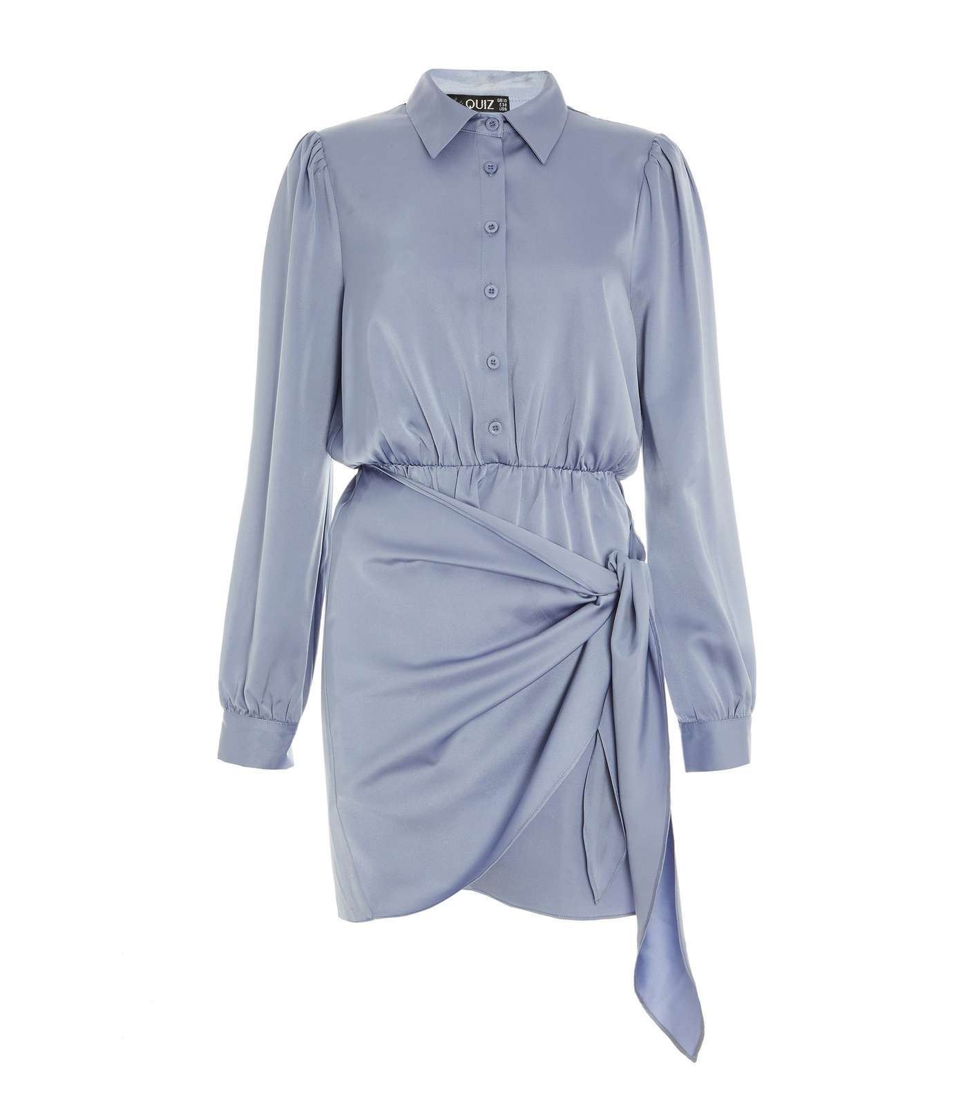 QUIZ Pale Blue Satin Wrap Shirt Dress Image 4