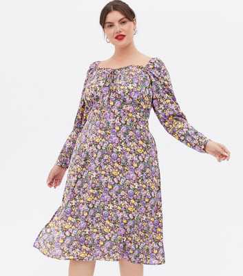 Blue Vanilla Curves Purple Floral Tie Front Midi Dress