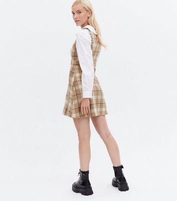 Pink Vanilla Brown Check Button Pinafore Dress New Look