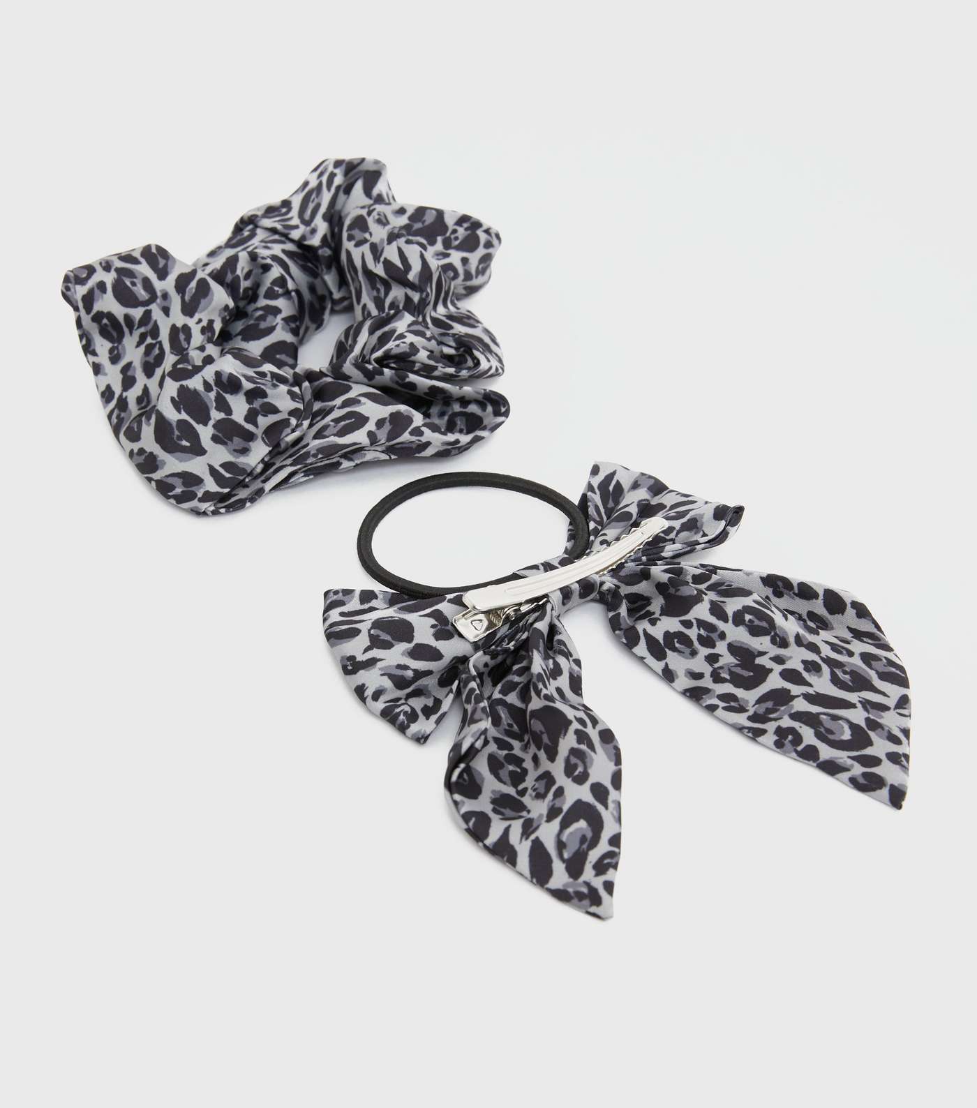 2 Pack Grey Leopard Print Bow Hair Band and Scrunchie Set Image 2