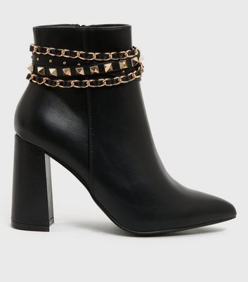 Click to view product details and reviews for Black Chain Pointed Block Heel Ankle Boots New Look Vegan.