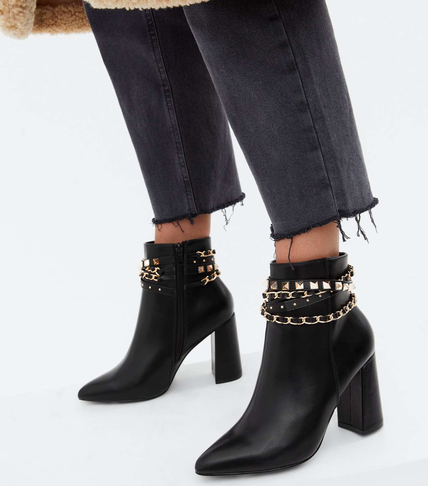 Black Chain Pointed Block Heel Ankle Boots Image 2