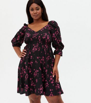 Click to view product details and reviews for Curves Black Ditsy Floral Shirred V Neck Mini Dress New Look.