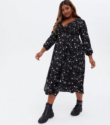 Curves Black Star Shirred Midi Wrap Dress New Look