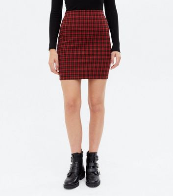 Red Check Jersey Mini Tube Skirt New Look