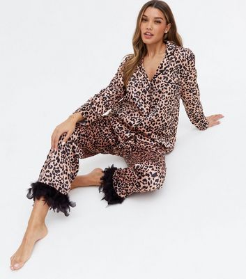 Little Mistress Pink Leopard Print Trouser Pyjama Set with Feather