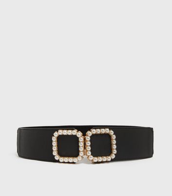 Black Faux Pearl Stretch Waist Belt New Look