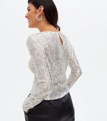 silver sequin long sleeve top