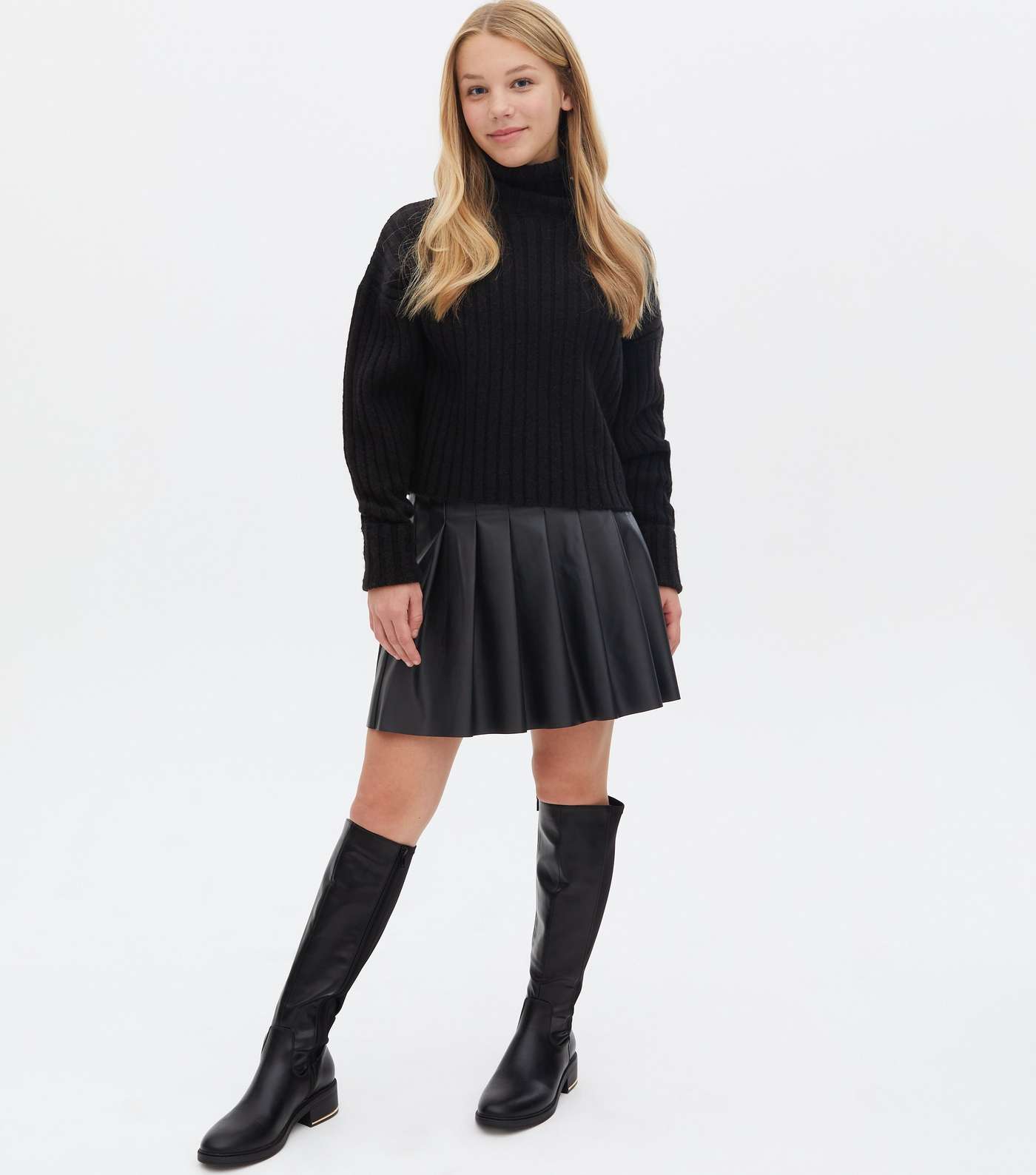 Girls Black Leather-Look Metal Trim Knee High Boots Image 2