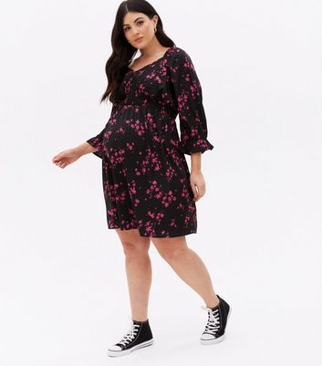 Maternity Black Floral Crepe Shirred Mini Dress New Look