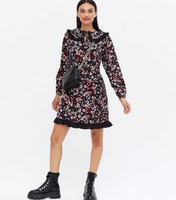 Black Floral Puff Sleeve Frill Collar Mini Dress