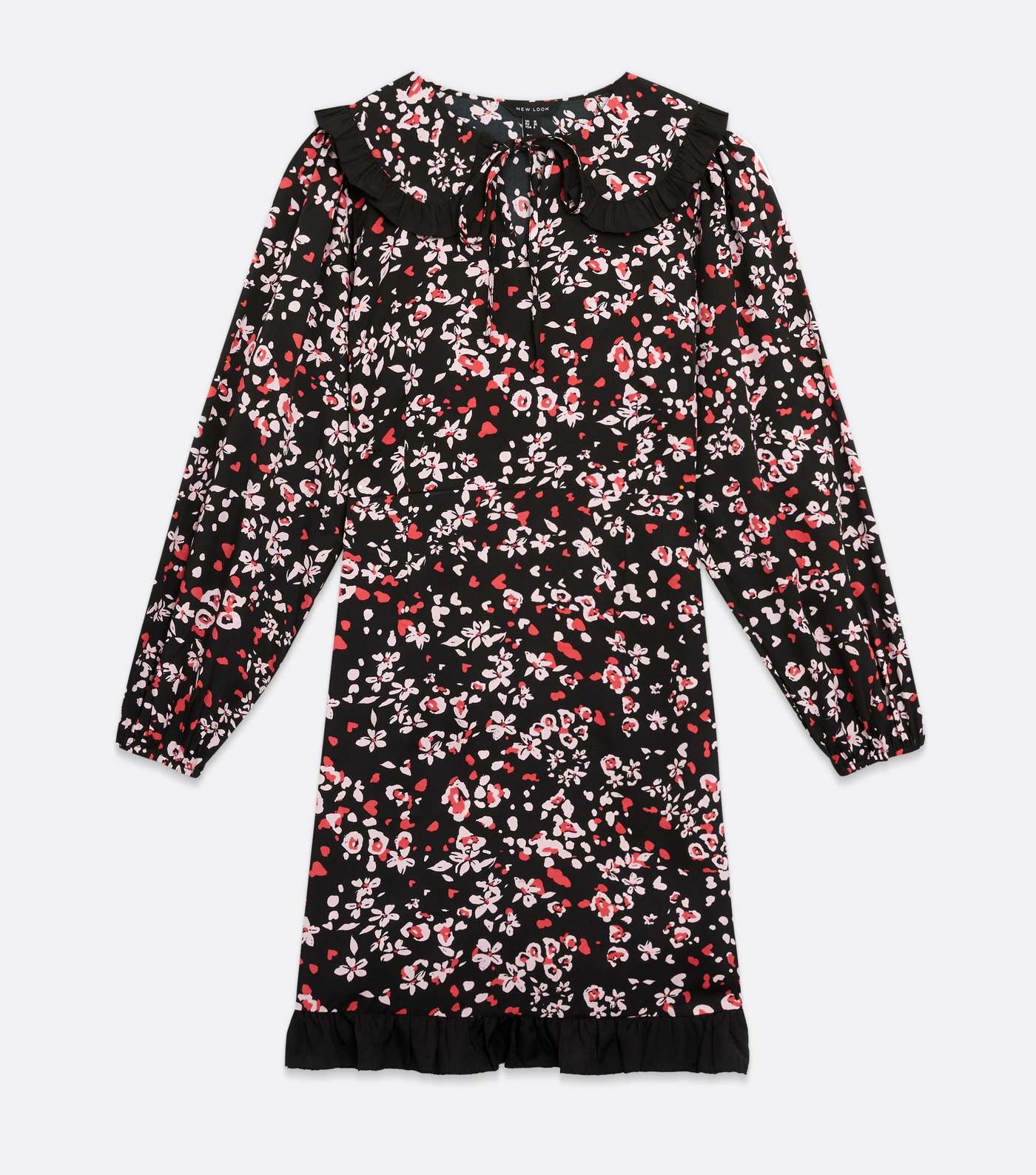 Black Floral Puff Sleeve Frill Collar Mini Dress Image 5