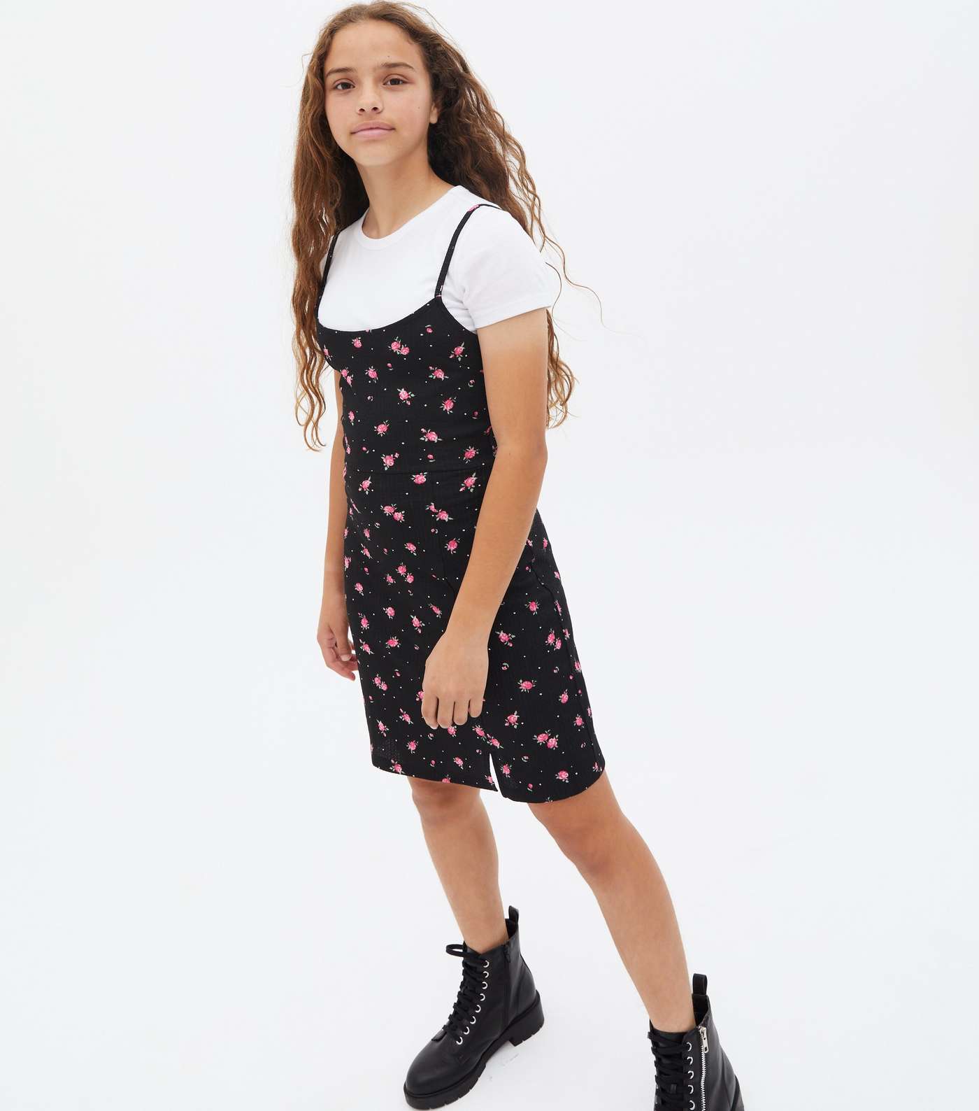 Girls Black Ditsy Floral 2 in 1 Pinafore Dress