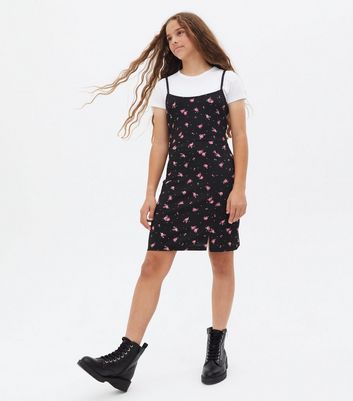 Black floral outlet pinafore dress